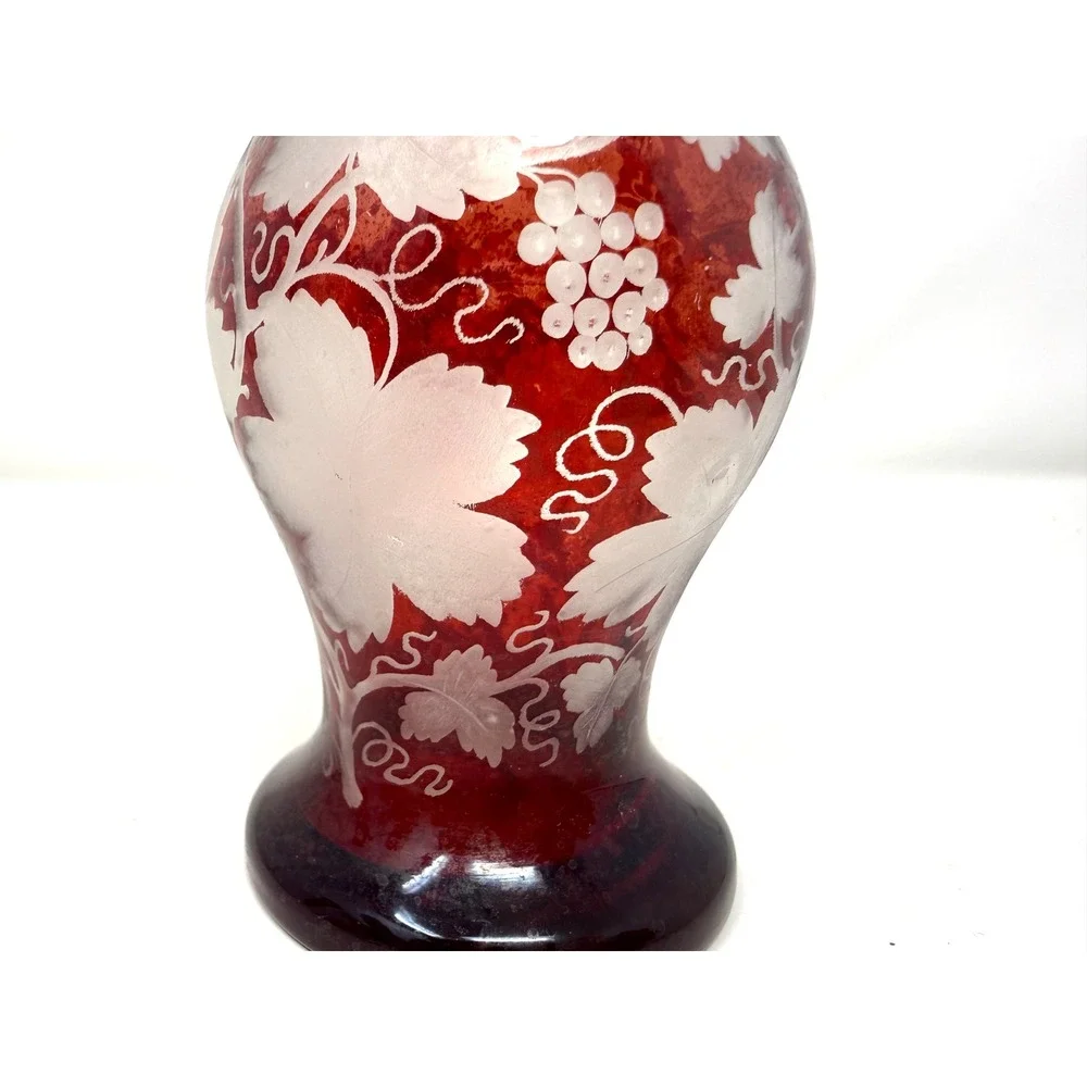 Vintage Bohemian Ruby Red Flashed Glass Decanter Etched Grape Vine Stopper